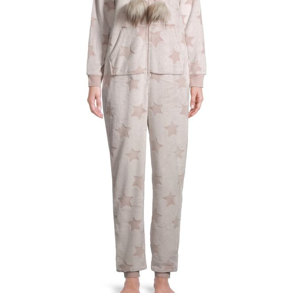 New Plush Stars Faux Fur Trimmed Union Suit. - Picture 2 of 11